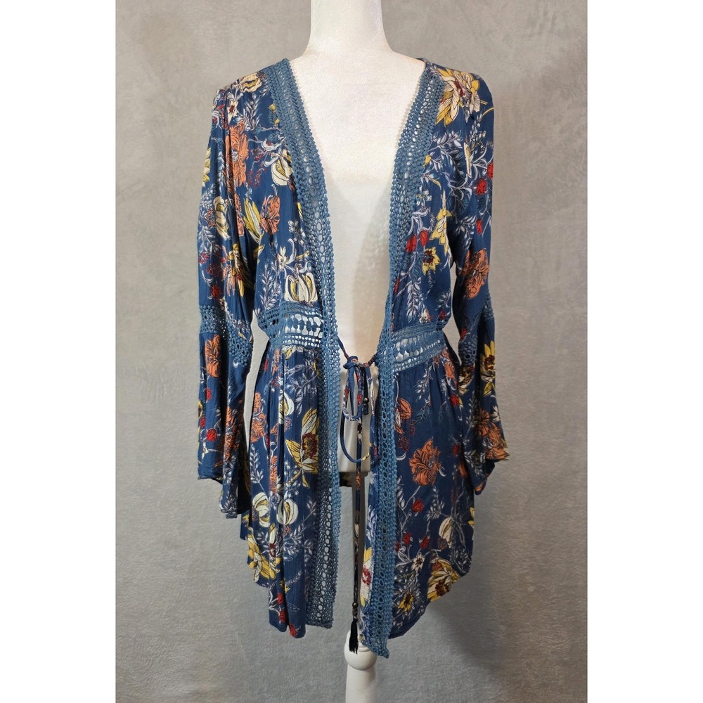EUC Angie Blouse Womens‎ M Blue Floral Open Cardigan Crochet Festival Boho